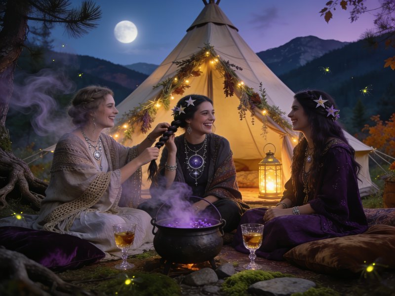 Three laughing witch women gather around a steaming cauldron outside a lit tent under a full moon