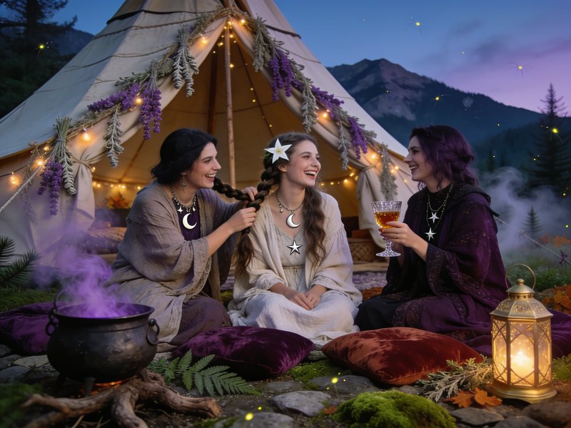 Three laughing women in celestial jewelry sit outside a decorated tipi beside a smoking cauldron ...