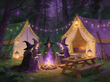 Four witches sit around a glowing purple campfire at a magical forest glamping campsite