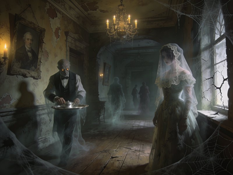 Ghost bride and glowing-eyed undead butler stand in a foggy cobweb-covered haunted mansion hallway