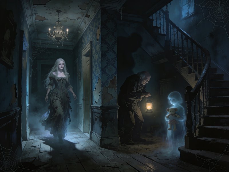 Ghostly spirits appear to an old man holding a lantern in a peeling cobweb-covered haunted mansio...