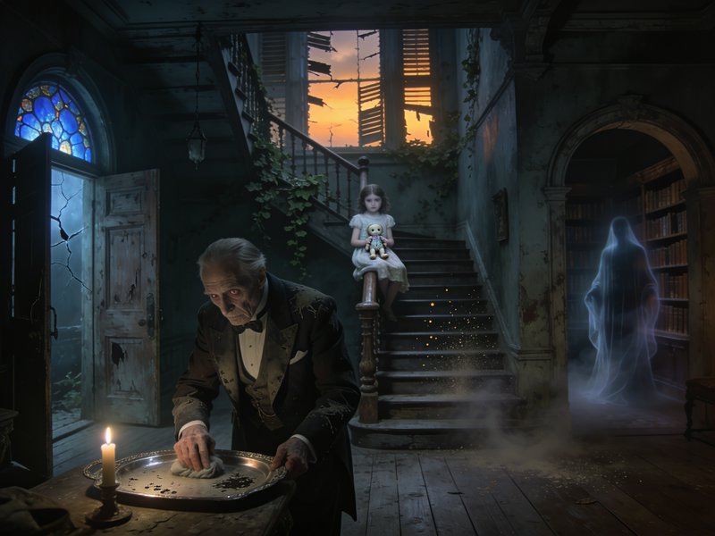 Elderly butler polishes a tray in a crumbling haunted mansion with ghostly figures at sunset