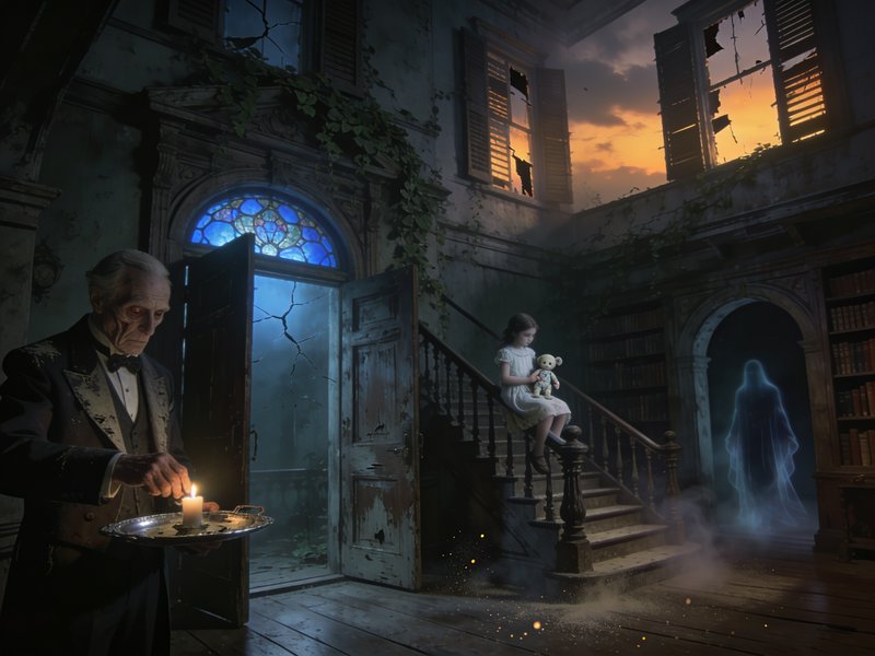 Haunted decaying Victorian mansion interior with ghoulish butler, ghost girl on stairs, and float...