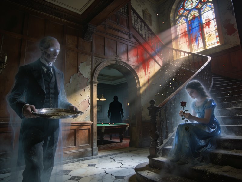 Ethereal ghostly butler and young girl haunt a crumbling Victorian mansion entryway by a grand cu...