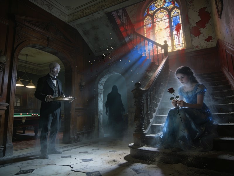 Ghostly girl holding a red rose sits on a decaying mansion staircase with a skeletal butler and l...
