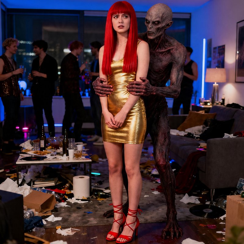 Woman with red hair in a gold dress hugged by a gray alien at a chaotic party.
