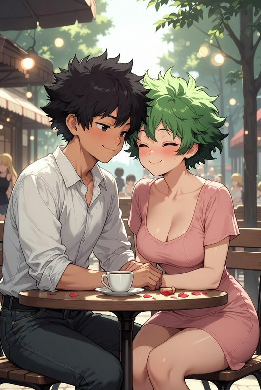 Anime-style couple at an outdoor café, sharing a tender moment over coffee.
