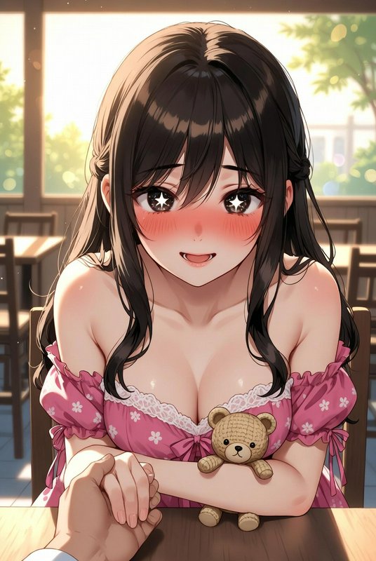 Anime-style girl in a pink off-shoulder top, blushing, holding a teddy bear at a sunlit cafe.