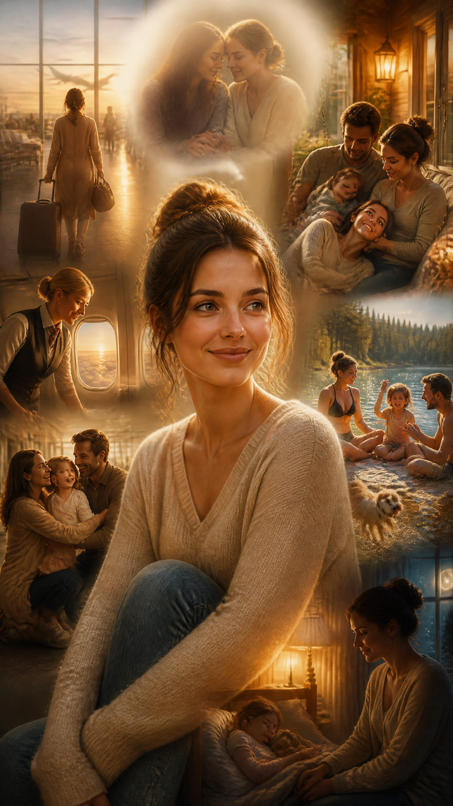Warm collage featuring a smiling woman with family moments, travel scenes, and cozy intimate scenes.