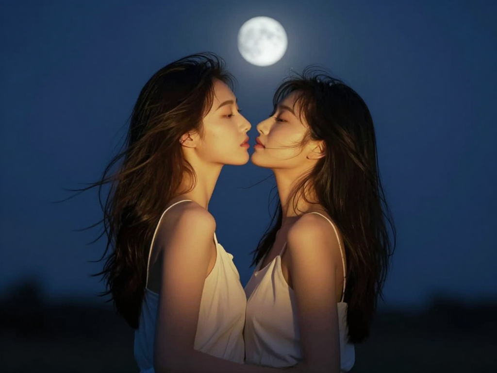 Two women in white dresses kissing under a full moon in a moonlit night.