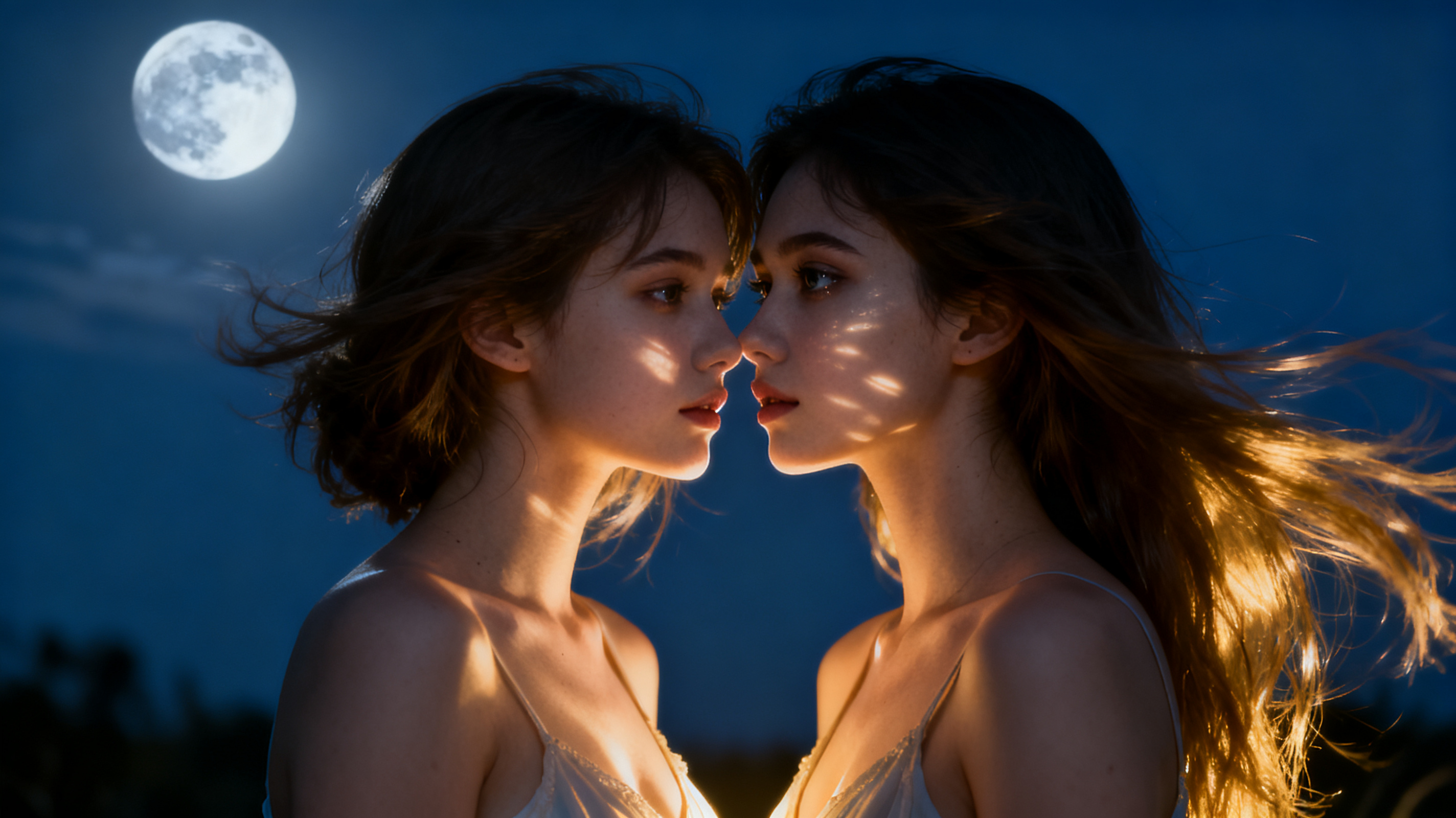 Two women face each other in a moonlit night, with soft lighting on their faces and wind in their hair.