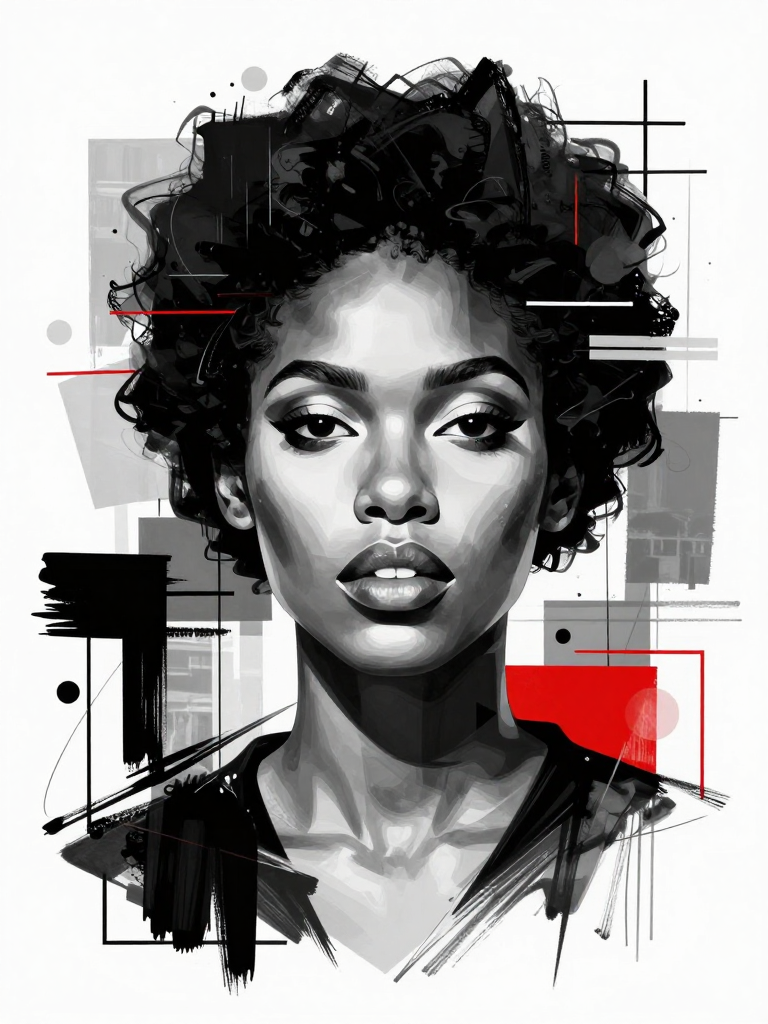 Monochrome digital portrait of a Black woman with curly hair, surrounded by abstract geometric shapes and red accents.