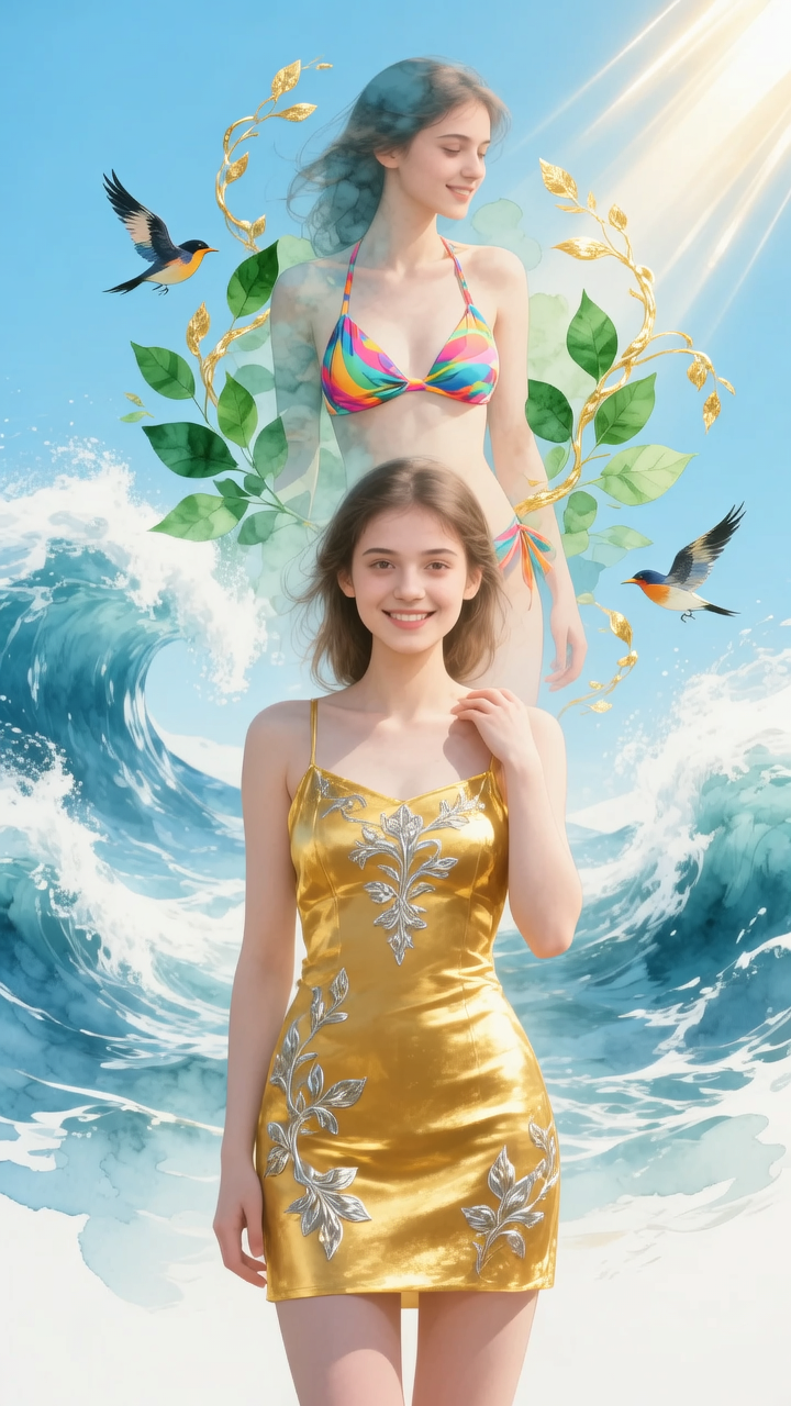 Two young women in swimwear and a gold-embroidered dress stand on a surreal beach with waves, birds, and gold leaves.