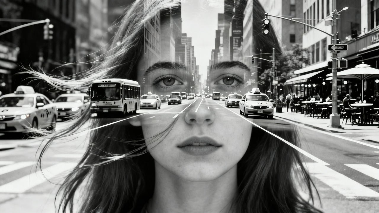 Black-and-white double exposure of a woman's face over a busy city street scene