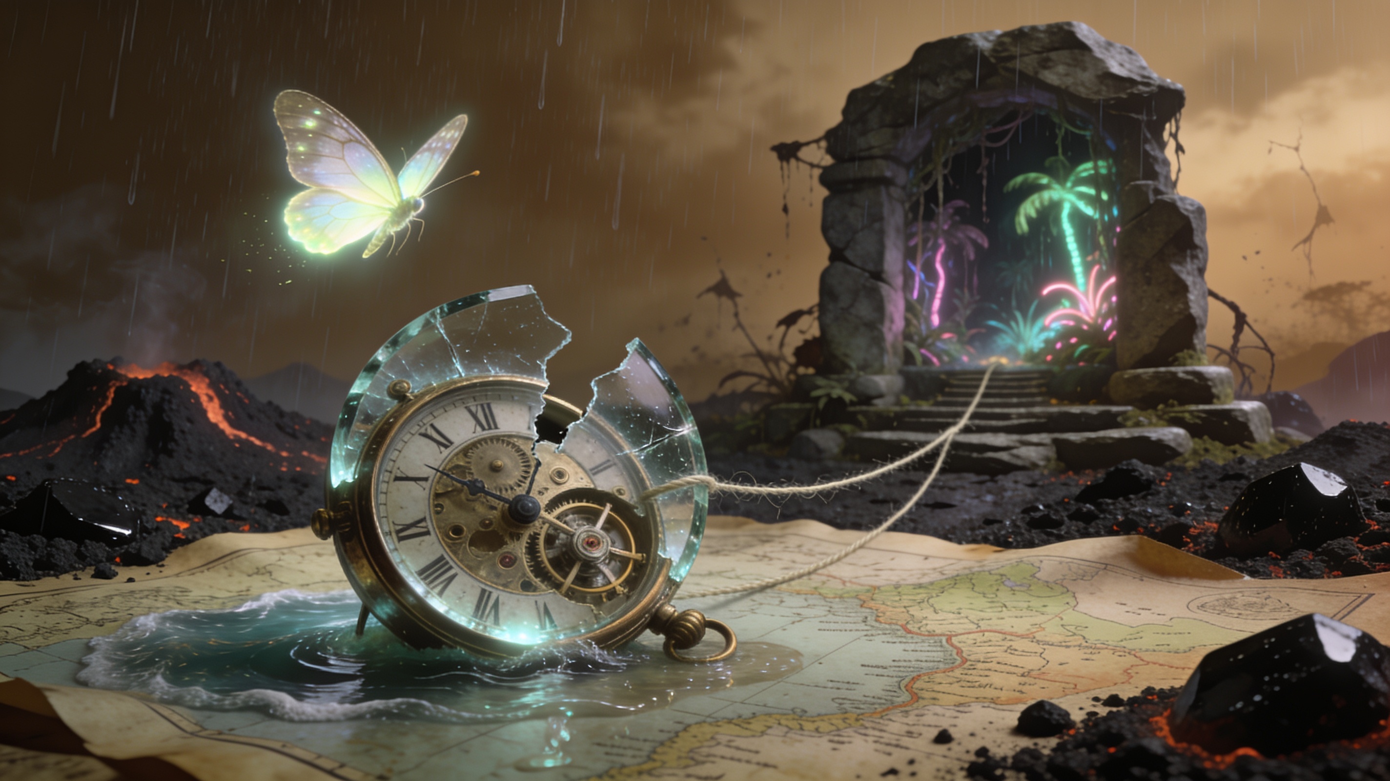 Broken pocket watch on a map with a glowing butterfly and neon-lit ruins in a rainy, volcanic landscape.