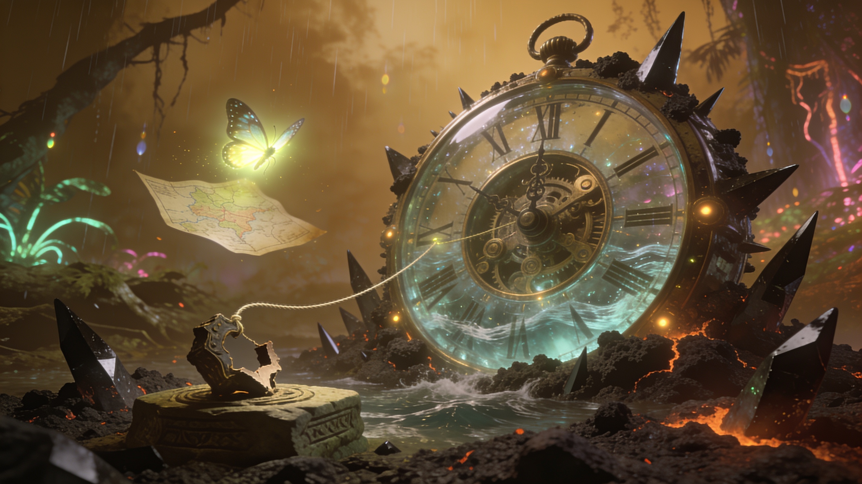 Enchanted clock in a glowing cavern with a butterfly, map, and jagged crystal shards.