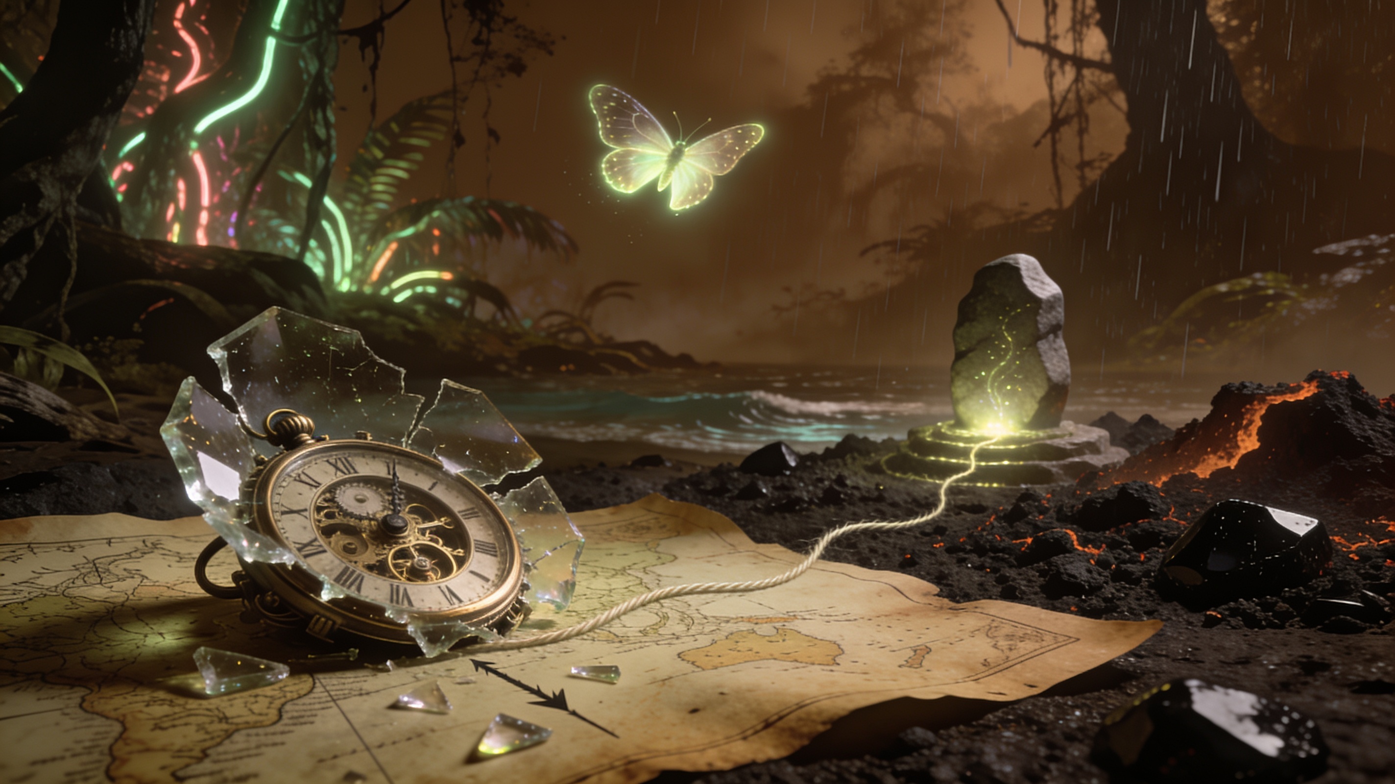 Broken pocket watch on a parchment map in a dark neon-lit forest with a glowing butterfly.
