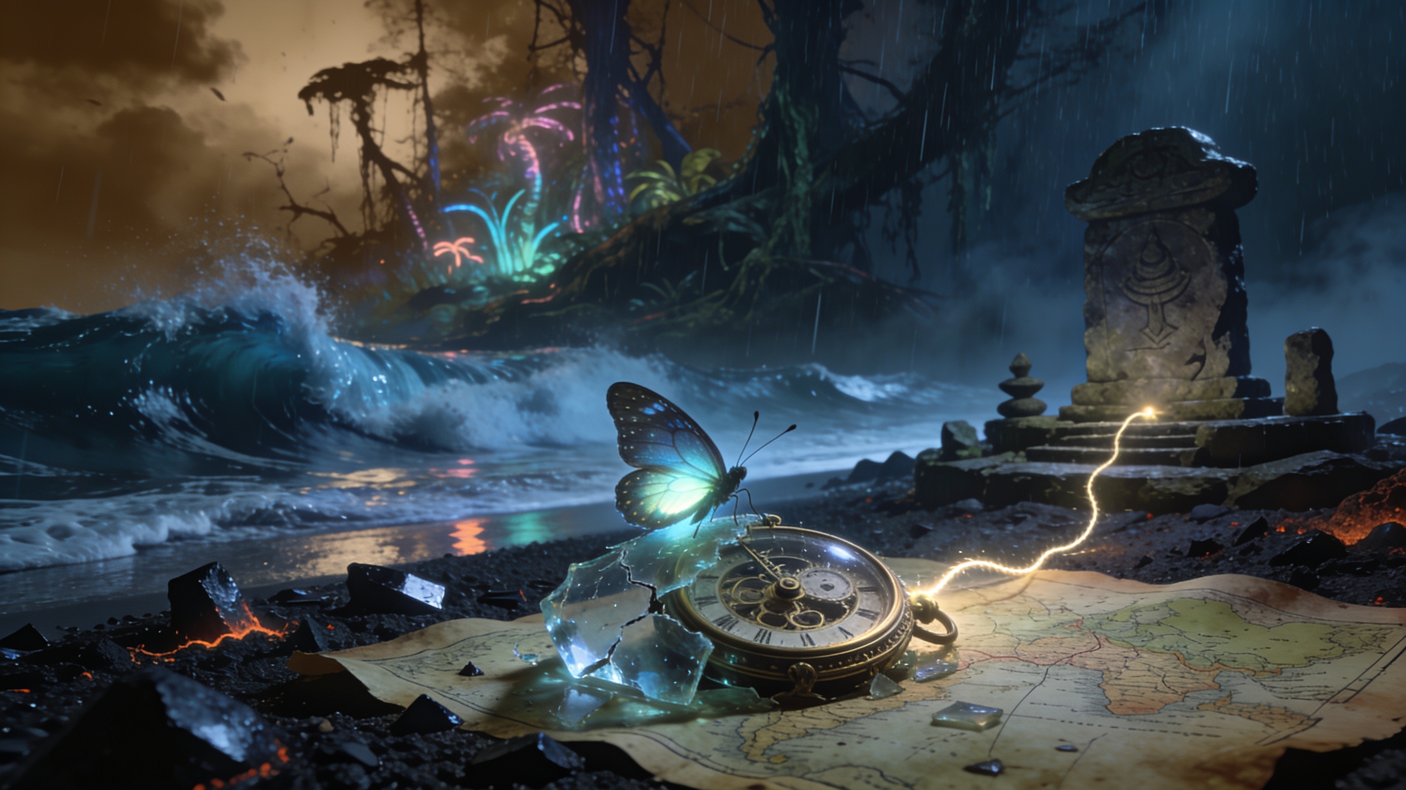 Mystical beach scene with a glowing butterfly, antique pocket watch, and cracked map among ruins.