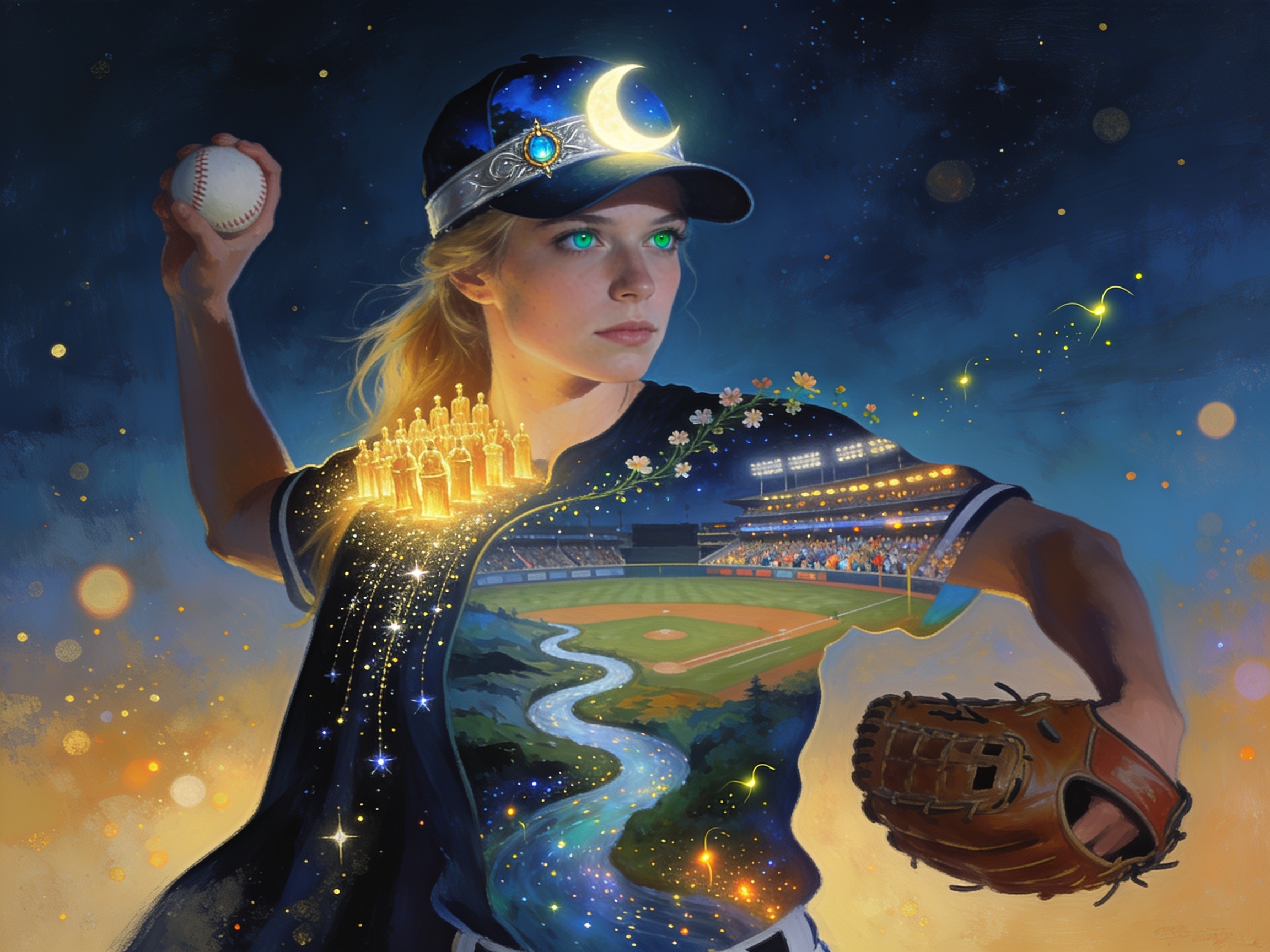 Surreal fantasy painting of a female baseball pitcher with magical gear, double-exposed landscape and stadium on her jerse...