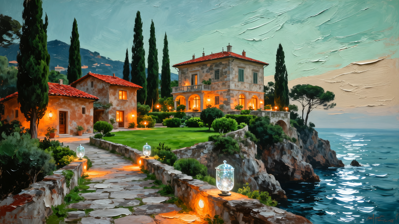 Impasto oil painting of Italian Mediterranean cliffside villas lit at twilight, overlooking the sea with cypress trees and...