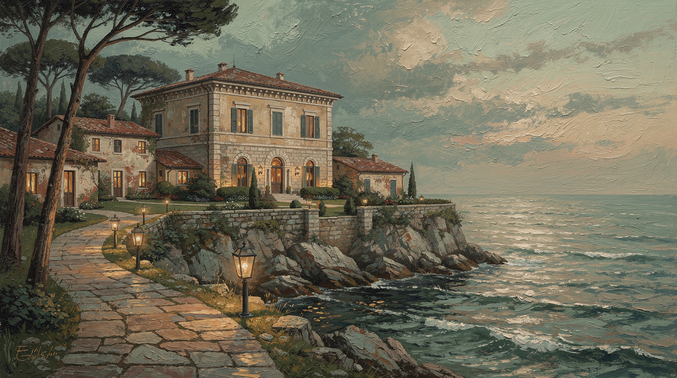 Impasto oil painting of a lit Italian Mediterranean cliffside villa at dusk, with a stone pathway, rocky coast, and ocean ...