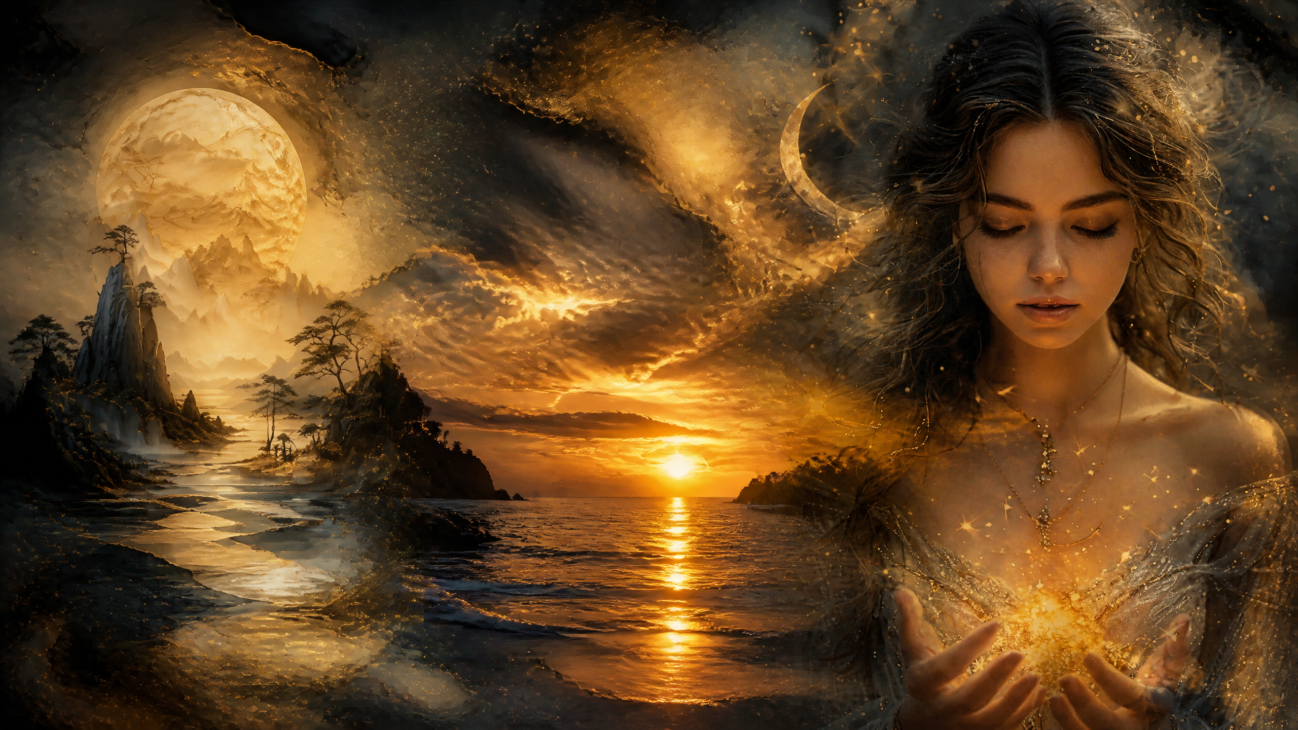 Mystical double exposure fantasy art of a meditative woman holding golden stardust merged with a moody coastal sunset seas...