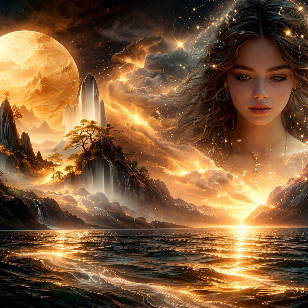 Ethereal woman merging with a golden fantasy landscape, full glowing moon, mountain waterfalls, and a sparkling starry nig...