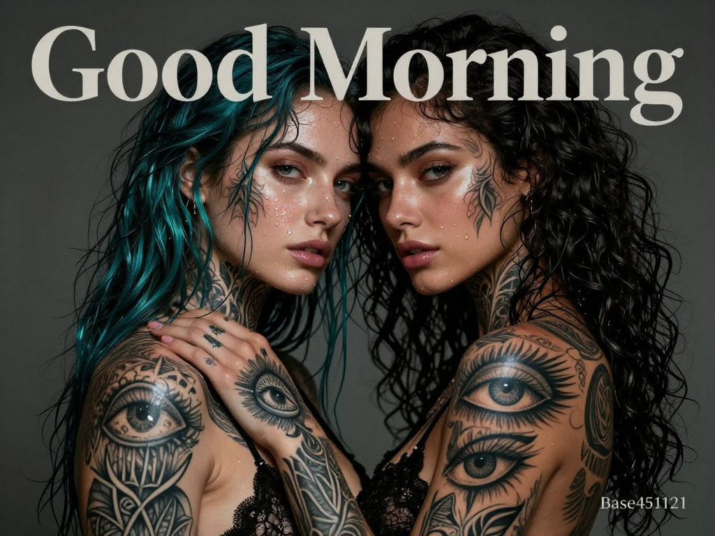 [Stylish Good Morning graphic featuring two heavily tattooed women posed close together forehead-to-forehead against a mut...