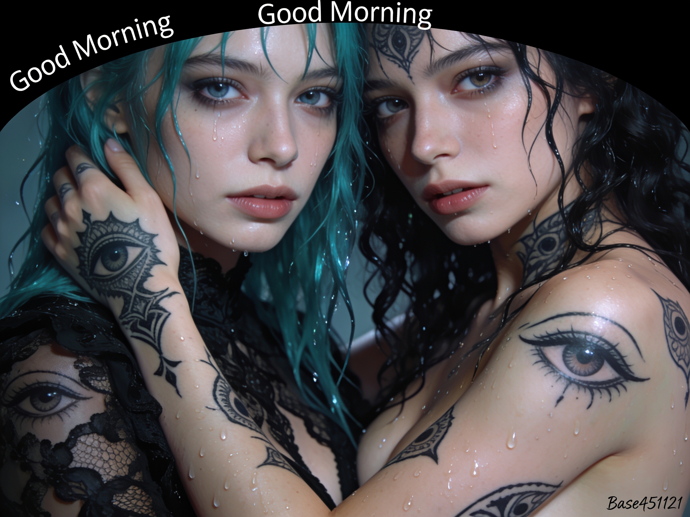 [Close-up portrait of two tattooed women with wet glistening skin, all-seeing eye ink, and curved "Good Morning" text over...