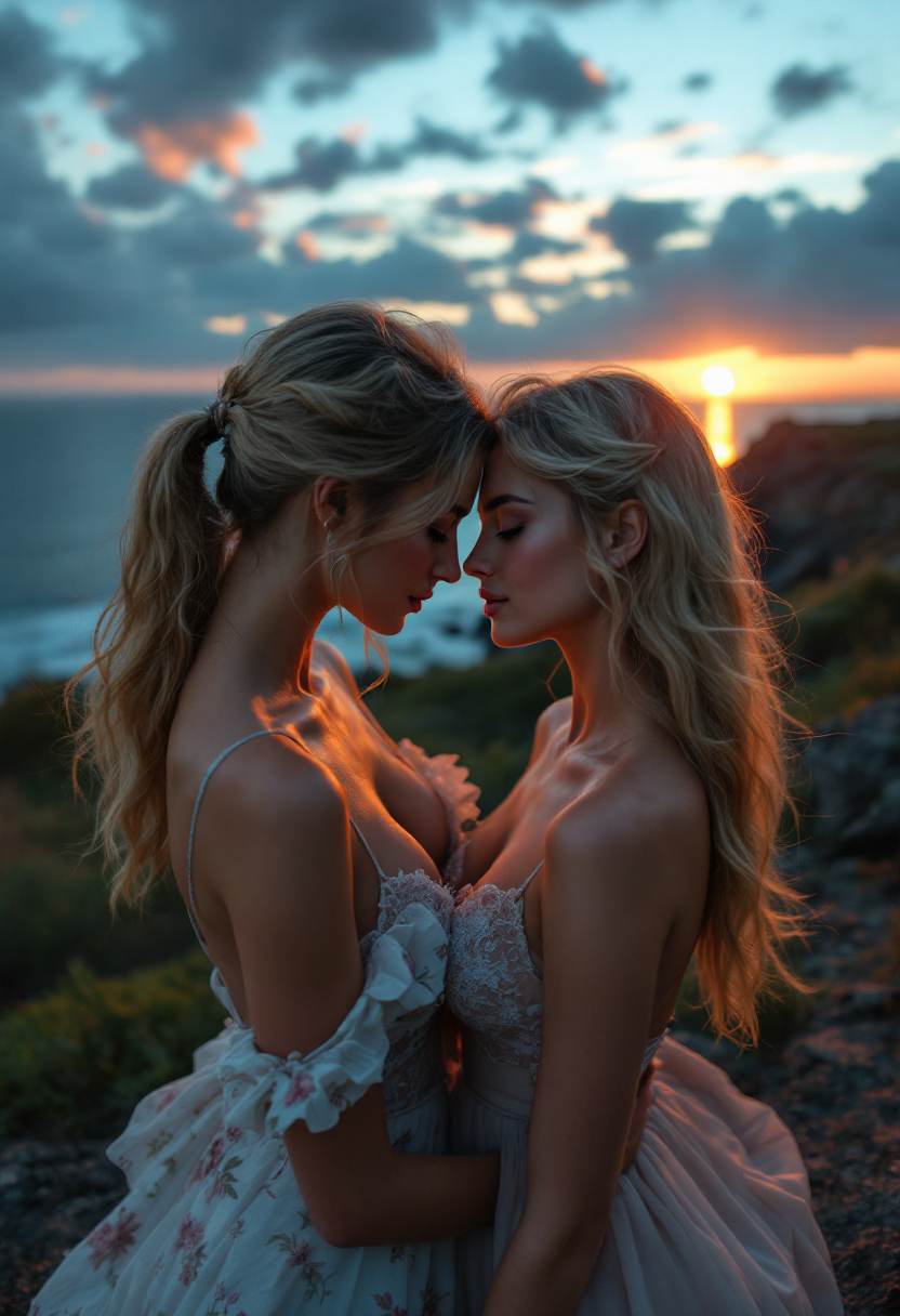 Two blonde women in delicate dresses press foreheads together in an intimate pose on a coastal cliff at golden sunset.