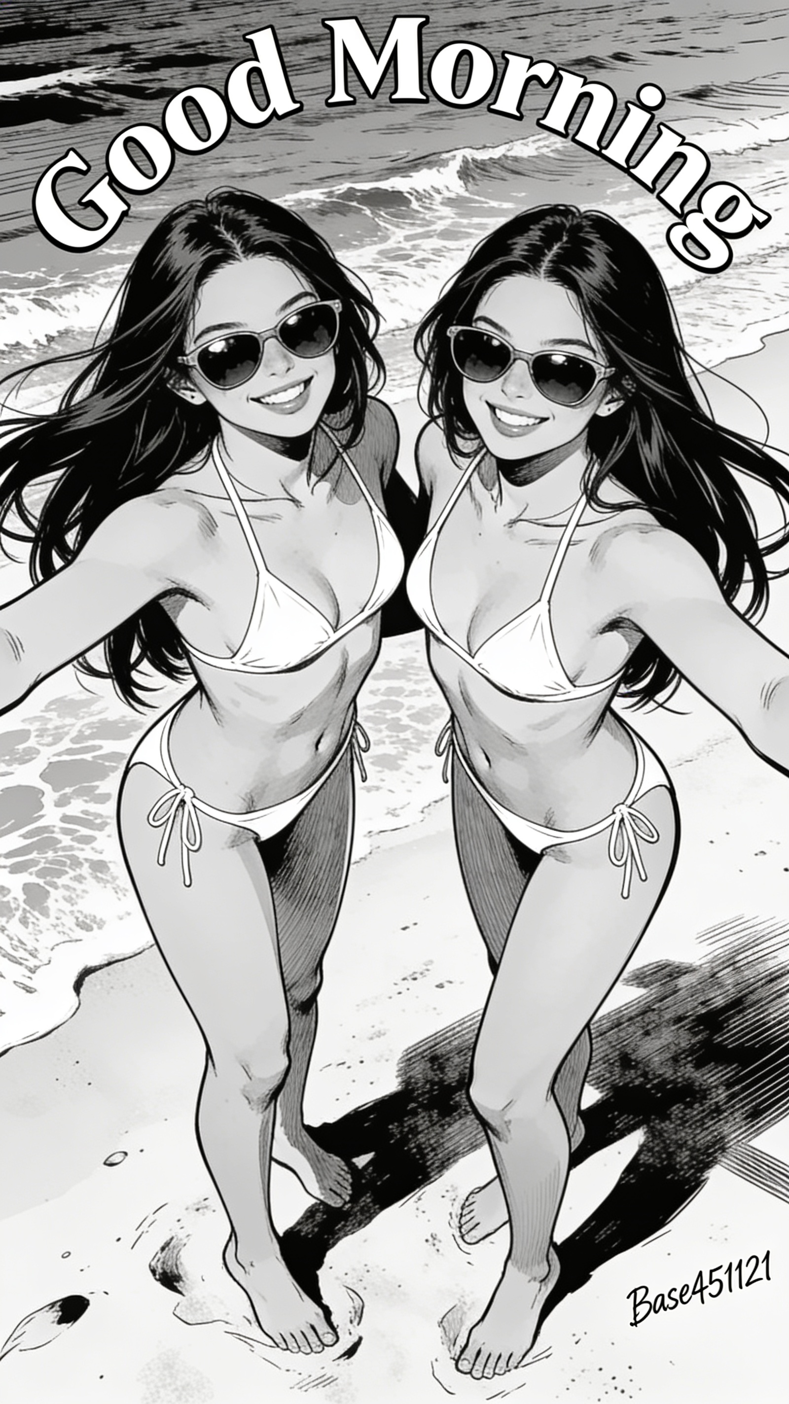Black and white comic illustration of two smiling women in bikinis on a beach, topped with arched "Good Morning" text.