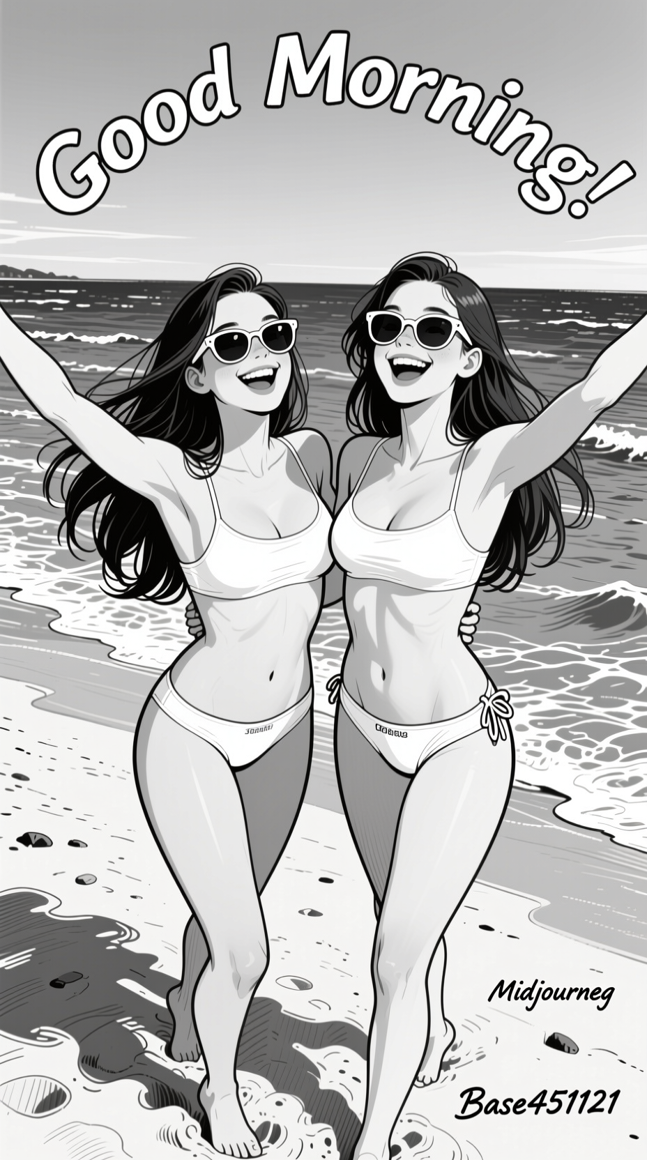 Black and white illustration of two smiling women cheering on a beach, with curved "Good Morning!" text above them.