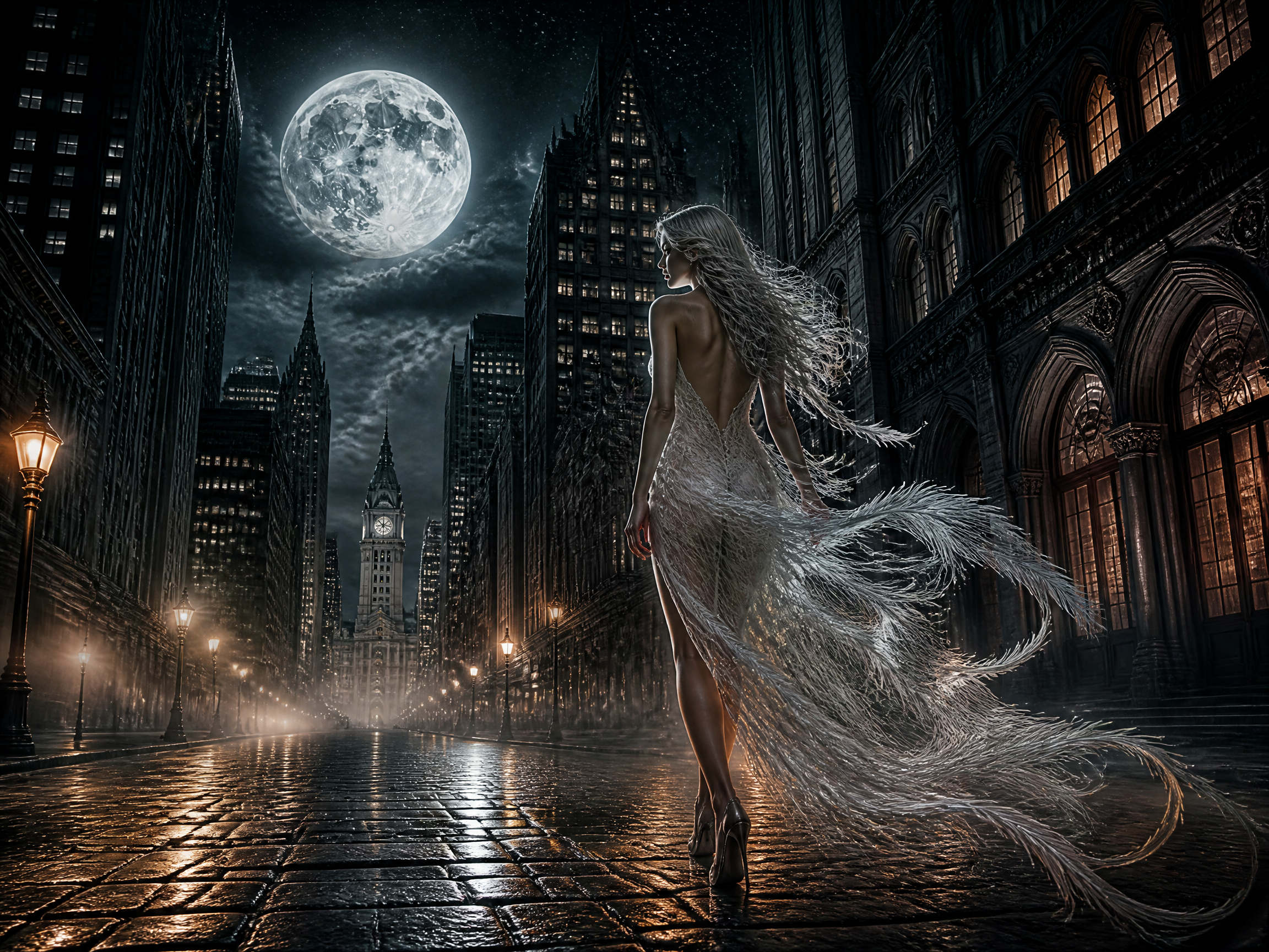 [Ethereal woman in flowing silver feather gown stands on wet cobblestone city street under a giant glowing full moon at ni...