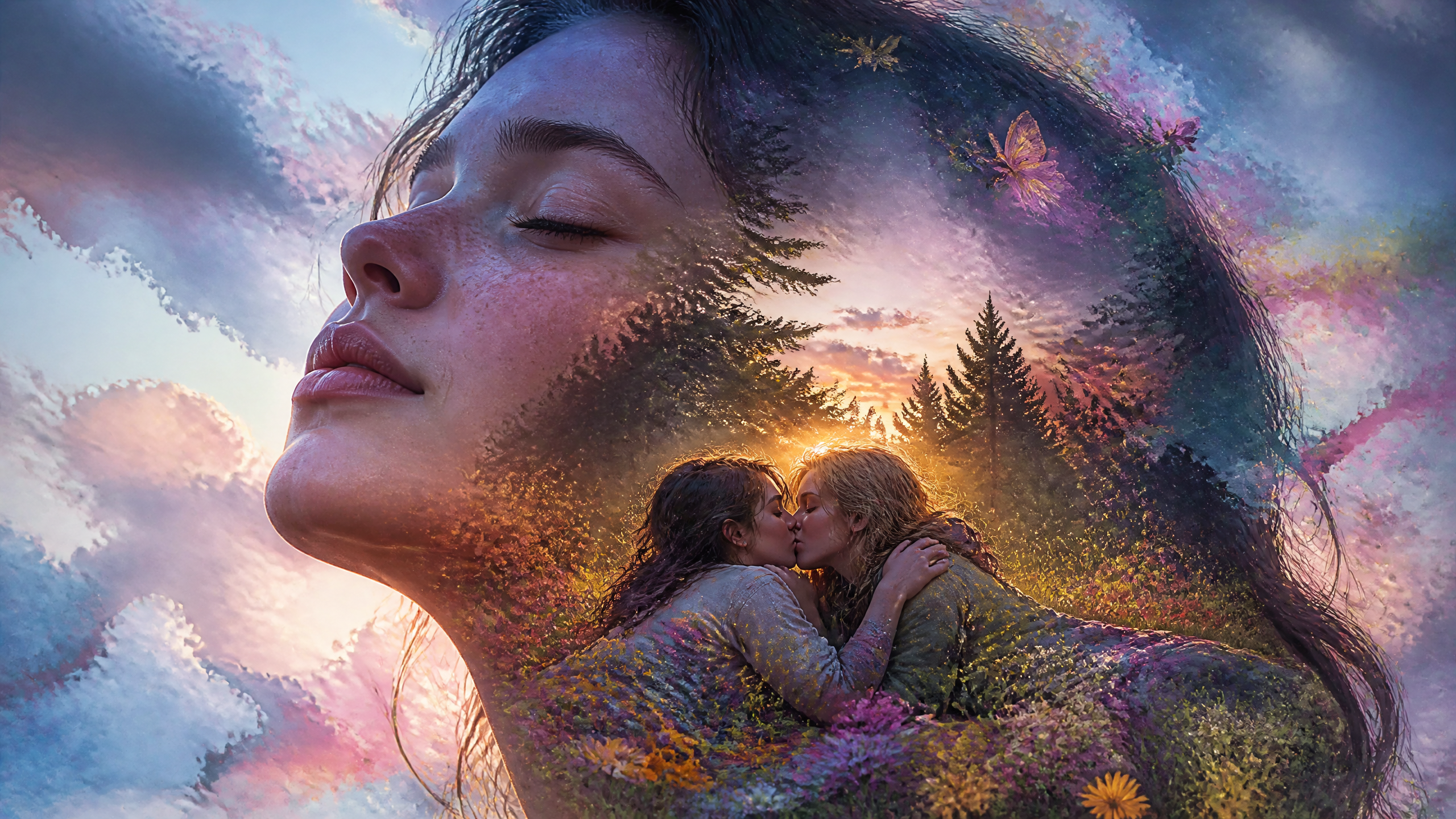 Double exposure surreal art of a serene woman, with a queer couple kissing in a wildflower meadow visible in her silhouette.