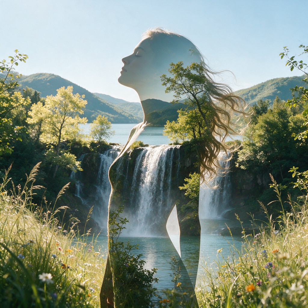 Double exposure portrait of a serene woman merged with a sunlit waterfall, mountain and forest landscape.