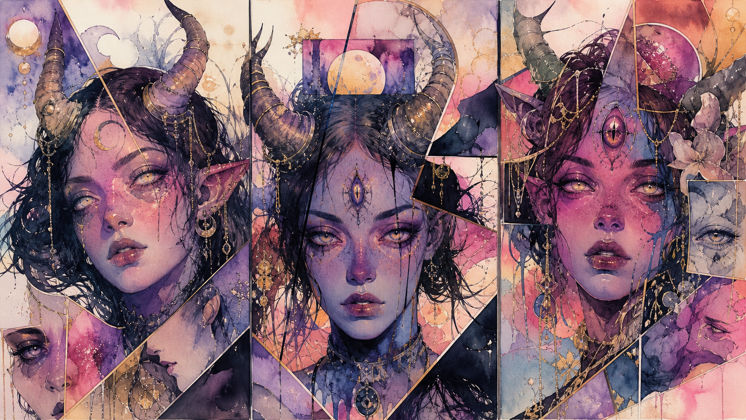 Watercolor triptych of horned celestial demon goddess portraits with third eyes and gilded jewelry