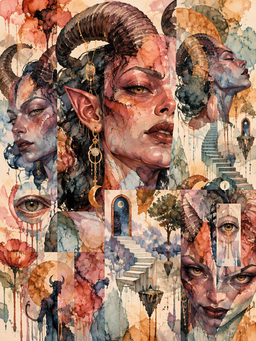 Surreal watercolor collage of horned tiefling fantasy portraits paired with dreamlike landscape details.