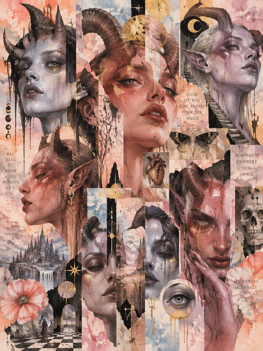Surreal layered collage of horned fae demon goddess portraits in soft watercolor mixed media