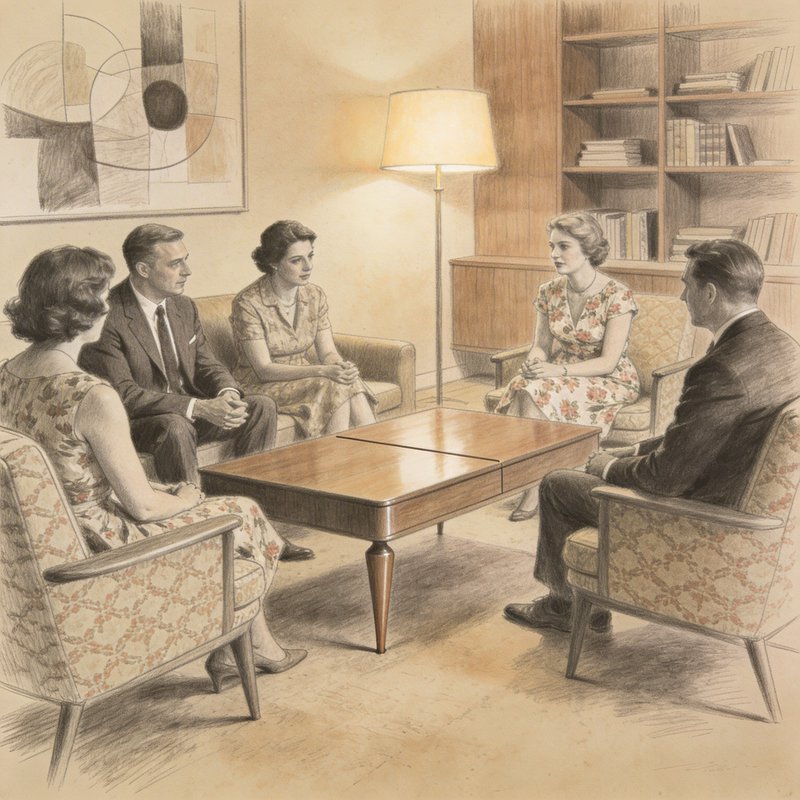 Vintage pencil illustration of five adults in a formal mid-century meeting around a coffee table.