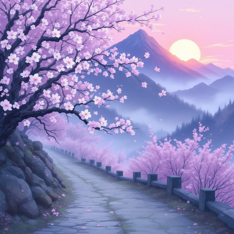 Pastel anime-style landscape with cherry blossoms along a stone path and distant mountains at sunset