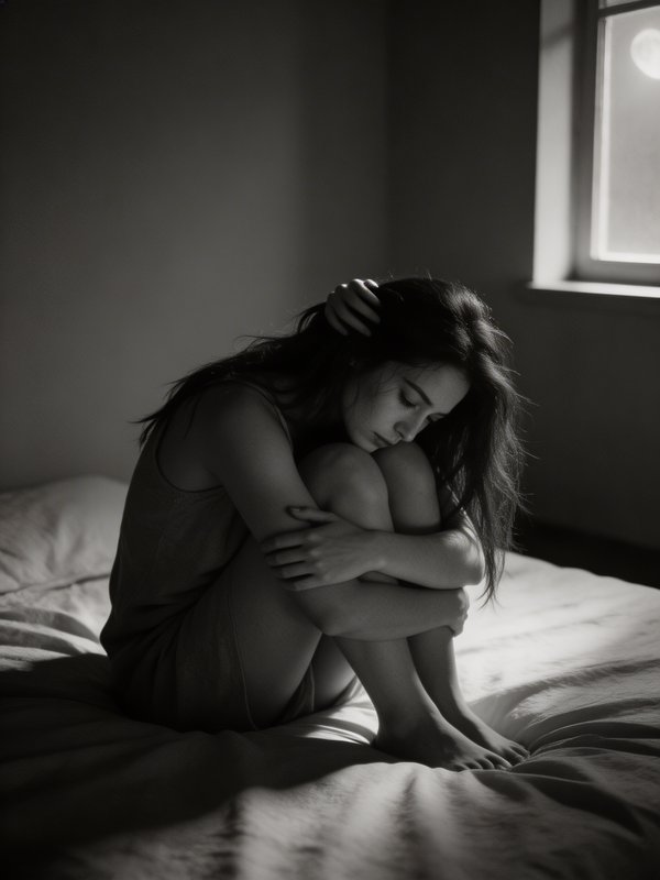 Black-and-white photo of a woman sitting on a bed, hugging her knees in a dimly lit room.