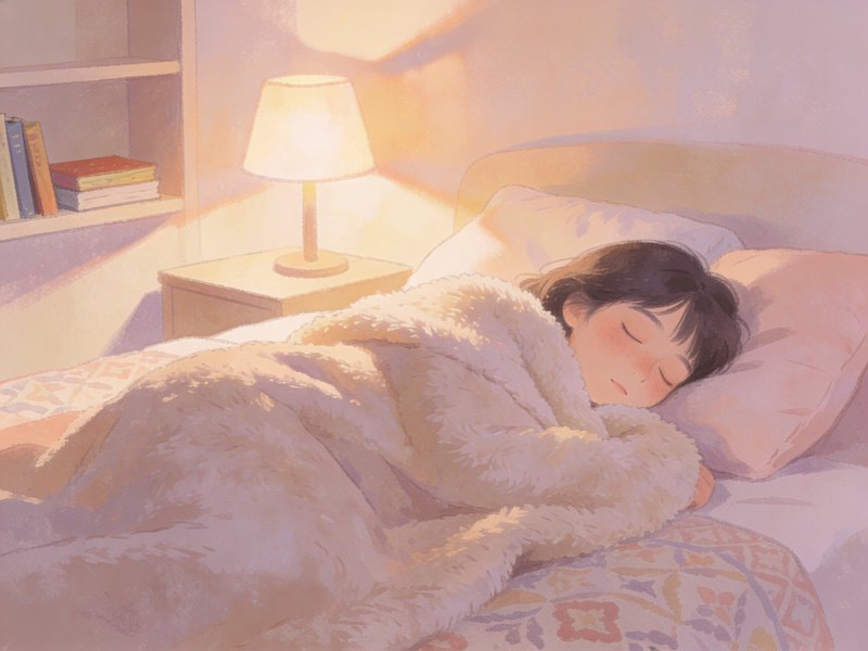 Person sleeping peacefully under a fluffy blanket in a softly lit bedroom with a bedside lamp