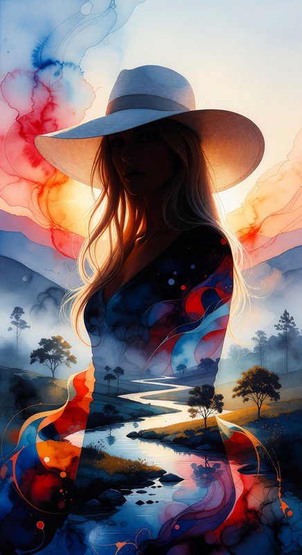 Silhouette of a woman in a wide-brim hat against a watercolor landscape with a winding river.