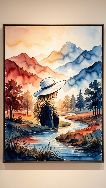 Watercolor landscape with a woman in a wide-brim hat beside a winding river.