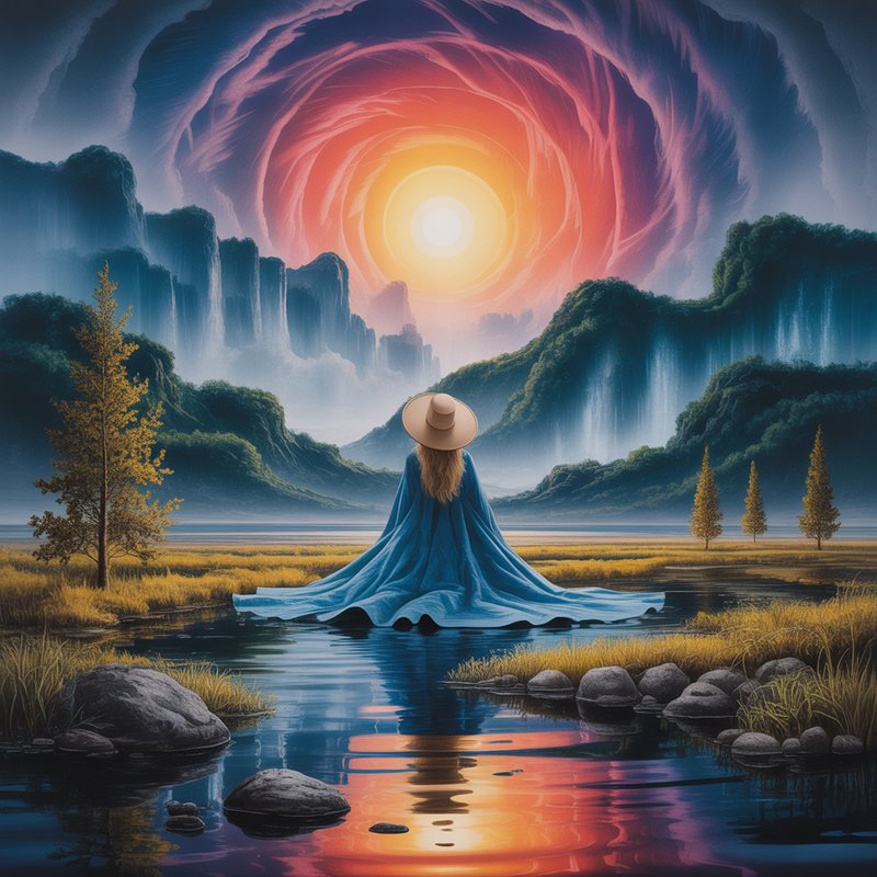 Woman in a blue cloak and hat sits by a reflective river facing a glowing sun vortex in a surreal valley.
