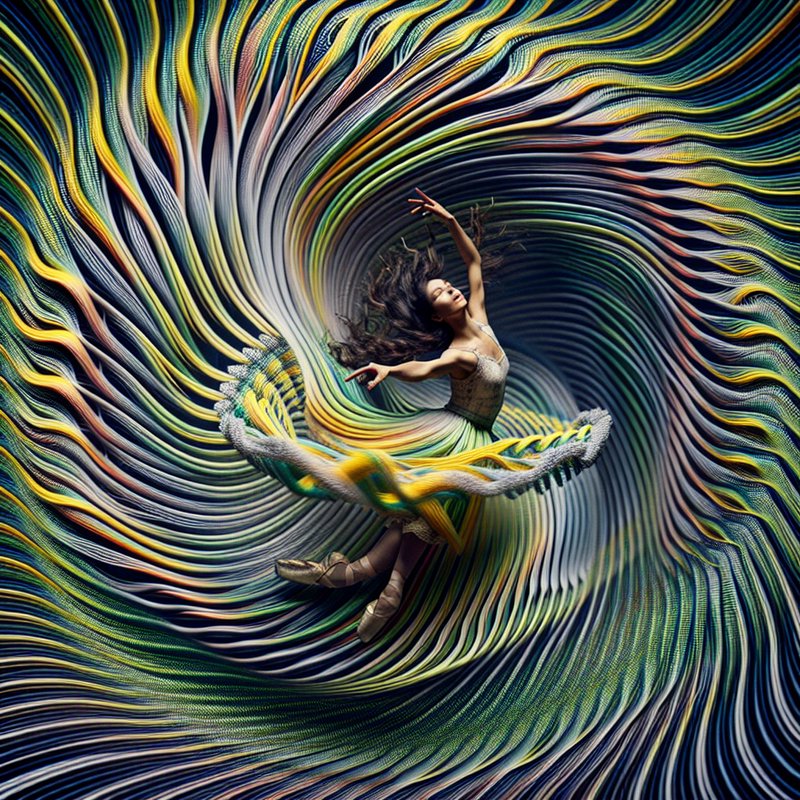Ballet dancer spinning inside a vibrant, swirling tunnel of multicolored ribbons