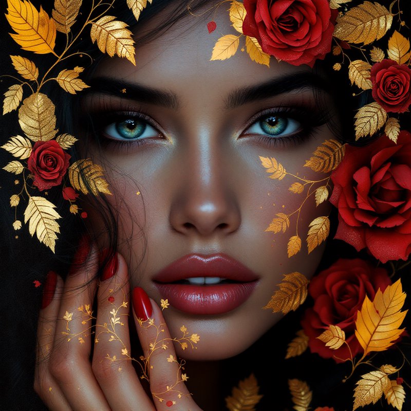 Close-up portrait of a woman with blue-green eyes surrounded by red roses and gold leaves.