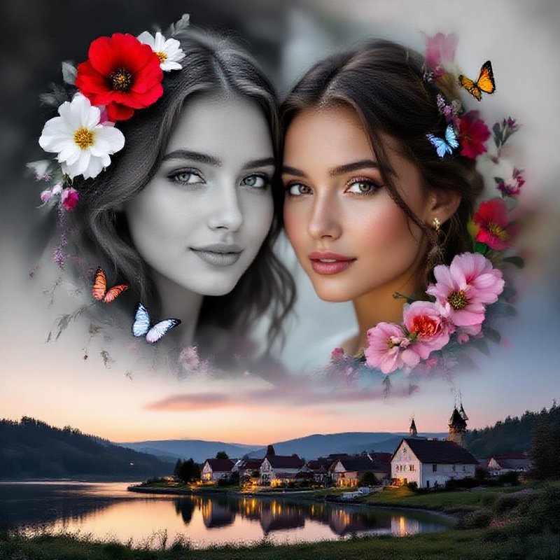 Two women with floral crowns beside a serene lakeside village at sunset, butterflies fluttering.