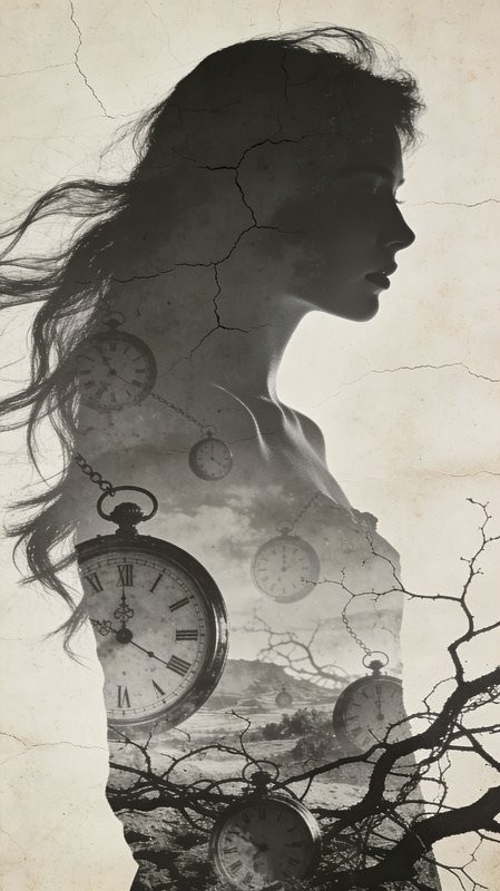 Side profile of a woman blended with vintage clocks and tree branches in a surreal double exposure.