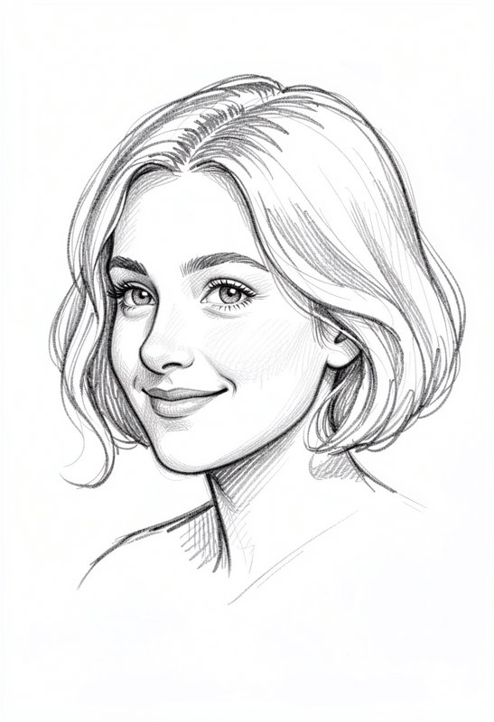 Pencil sketch portrait of a smiling woman with a short bob hairstyle.
